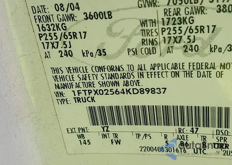 2004 Ford F-150 Xlt z USA, uszkodzony, nr VIN 1FTPX02564KD89837